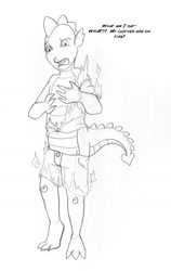 Size: 650x1026 | Tagged: safe, artist:arania, spike, dragon, g4, burning, burning clothes, clothes, dialogue, fire, grayscale, human to dragon, male, mid-transformation, monochrome, open mouth, pencil drawing, simple background, solo, traditional art, transformation, transformation sequence, white background
