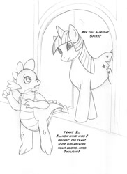 Size: 650x893 | Tagged: safe, artist:arania, spike, twilight sparkle, dragon, pony, unicorn, g4, dialogue, doorway, duo, duo male and female, female, grayscale, human to dragon, male, mare, mental shift, monochrome, open mouth, pencil drawing, post-transformation, simple background, traditional art, transformation, transformation sequence, unicorn twilight, white background