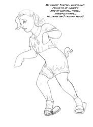 Size: 650x888 | Tagged: safe, artist:arania, part of a set, rarity, human, pony, unicorn, g4, clothes, dialogue, disappearing clothes, dissolving clothes, from drabulous to fabulous, grayscale, horn, human to pony, jewelry, male to female, mid-transformation, monochrome, necklace, pencil drawing, simple background, traditional art, transformation, transformation sequence, transgender transformation, white background