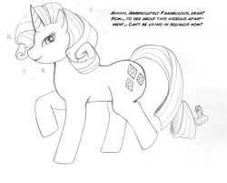 Size: 807x650 | Tagged: safe, artist:arania, part of a set, rarity, pony, unicorn, g4, dialogue, female, from drabulous to fabulous, grayscale, horn, human to pony, male to female, mare, monochrome, pencil drawing, post-transformation, simple background, smiling, sparkles, traditional art, transformation, transformation sequence, transgender transformation, white background