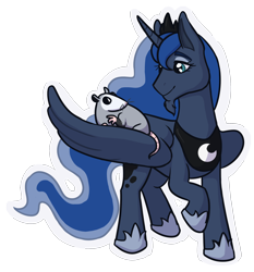 Size: 2194x2351 | Tagged: safe, princess luna, tiberius, alicorn, opossum, pony, g4, beard, facial hair, female, goatee, hoof shoes, jewelry, looking at each other, looking at someone, mare, partially open wings, pet, raised hoof, regalia, simple background, solo, transparent background, wings