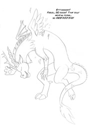 Size: 650x910 | Tagged: safe, artist:arania, discord, draconequus, g4, dialogue, eyes closed, grayscale, human to draconequus, male, mid-transformation, monochrome, pencil drawing, simple background, smiling, traditional art, transformation, transformation sequence, white background