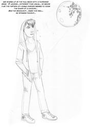 Size: 700x994 | Tagged: safe, artist:arania, part of a set, human, clothes, converse, denim, dialogue, grayscale, hand in pocket, hoodie, human male, human to pony, imminent transformation, jeans, looking at something, male, male to female, mare in the moon, monochrome, moon, pants, pencil drawing, shirt, shoes, simple background, text, traditional art, transformation, transformation sequence, transgender transformation, v-neck, white background