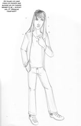 Size: 700x1093 | Tagged: safe, artist:arania, part of a set, human, clothes, dialogue, fetish, grayscale, hoodie, human to pony, male, male to female, mid-transformation, monochrome, pencil drawing, simple background, text, traditional art, transformation, transformation sequence, transgender transformation, white background