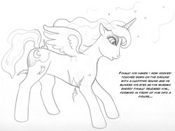 Size: 900x674 | Tagged: safe, artist:arania, princess luna, alicorn, pony, g4, dialogue, female, grayscale, human to pony, male to female, mare, missing accessory, monochrome, open mouth, pencil drawing, simple background, text, traditional art, transformation, transformation sequence, transgender transformation, white background