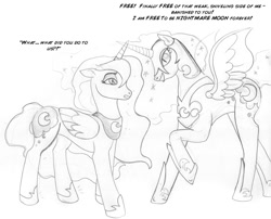 Size: 900x728 | Tagged: safe, artist:arania, nightmare moon, princess luna, alicorn, pony, g4, dialogue, duo, duo female, female, frown, grayscale, grin, human to pony, male to female, mare, monochrome, open mouth, open smile, pencil drawing, post-transformation, simple background, smiling, traditional art, transformation, transformation sequence, transgender transformation, white background