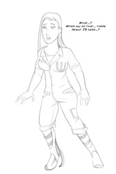 Size: 700x1050 | Tagged: safe, artist:arania, part of a set, human, character to character, chell, clothes, dialogue, female, fetish, grayscale, human female, human to pony, imminent transformation, jumpsuit, long fall boots, monochrome, pencil drawing, portal (valve), simple background, solo, text, traditional art, transformation, transformation sequence, white background
