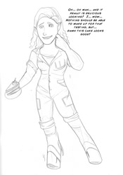 Size: 700x999 | Tagged: safe, artist:arania, human, pony, cake, character to character, chell, dialogue, female, fetish, food, grayscale, holding, human to pony, mid-transformation, monochrome, pencil drawing, portal (valve), simple background, smiling, traditional art, transformation, transformation sequence, white background