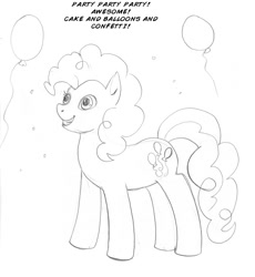 Size: 700x761 | Tagged: safe, artist:arania, part of a set, pinkie pie, earth pony, pony, g4, balloon, character to character, confetti, dialogue, female, grayscale, grin, human to pony, mare, monochrome, pencil drawing, post-transformation, simple background, smiling, solo, that pony sure does love balloons, traditional art, transformation, transformation sequence, white background