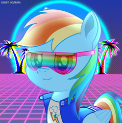 Size: 1980x1986 | Tagged: safe, artist:codenamekid, rainbow dash, pegasus, pony, g4, 80's fashion, 80s, clothes, dots, error, female, gemstones, glitch, gradient, grid, highlights, jacket, looking at you, mare, multicolored hair, neon, outrun, palm tree, pants, rainbow hair, rainbow-tinted glasses, retrowave, shading, shirt, snap button, solo, sun, sunglasses, synthwave, tinted glasses, tree, watermark