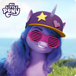 Size: 1000x1000 | Tagged: safe, izzy moonbow, pony, unicorn, g5, my little pony: make your mark, official, cool, female, hat, horn, logo, looking at you, mare, my little pony logo, shutter shades, smiling, smiling at you, sunglasses, weixin