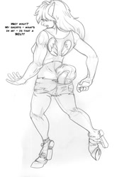 Size: 900x1238 | Tagged: safe, artist:arania, part of a set, rainbow dash, satyr, g4, breasts, clothes, dialogue, female, female to futa, fetish, grayscale, human to taur, mid-transformation, monochrome, pencil drawing, ripping clothes, simple background, solo, torn shoes, traditional art, transformation, transformation sequence, transgender transformation, white background