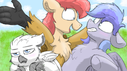 Size: 1920x1080 | Tagged: safe, artist:dsksh, artist:pzkratzer, oc, oc only, oc:discoordination, oc:griffin zephyr, oc:ponygriff, griffon, hybrid, pegasus, pony, ponygriff, aggie.io, chest fluff, colored sketch, ear fluff, folded wings, griffon oc, hybrid oc, male, open mouth, simple background, sketch, smiling, spread wings, stallion, two toned mane, unamused, wings