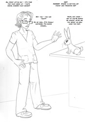 Size: 900x1294 | Tagged: safe, artist:arania, angel bunny, human, rabbit, g4, angry, animal, dialogue, duo, glasses, grayscale, human male, human to pony, imminent transformation, male, male to female, monochrome, pencil drawing, simple background, traditional art, transformation, transformation sequence, transgender transformation, white background