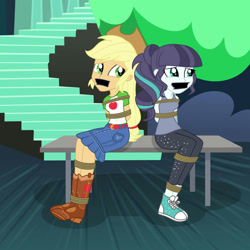 Size: 2000x2000 | Tagged: safe, artist:nie-martw-sie-o-mnie, applejack, coloratura, human, equestria girls, g4, the mane attraction, applesub, bench, bondage, boots, bound and gagged, clothes, cowboy boots, cowboy hat, denim, denim skirt, duo, duo female, female, femsub, gag, hat, leggings, rara, rarasub, rope, rope bondage, shoes, sitting, skirt, stage, submissive, tape, tape gag, tied up