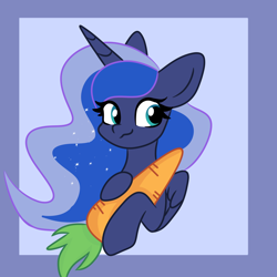 Size: 1600x1600 | Tagged: safe, artist:shirley., princess luna, alicorn, pony, g4, :3, abstract background, bust, carrot, ethereal mane, female, folded wings, food, giant food, horn, leg hold, looking sideways, mare, portrait, solo, starry mane, wings, 🥕