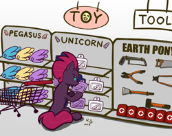 Size: 1260x1000 | Tagged: safe, artist:the-park, fizzlepop berrytwist, tempest shadow, pony, g4, broken horn, detachable wings, facial scar, female, first aid kit, horn, implications, mare, saw, scar, shopping, shopping cart, simple background, sitting, solo, store, toy, white background, wings