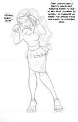 Size: 900x1394 | Tagged: safe, artist:arania, part of a set, rarity, cat, human, anthro, comic:rarity catgirl, g4, choker, dialogue, eyes closed, female, fetish, grayscale, human to anthro, humanized, mid-transformation, monochrome, pencil drawing, simple background, smiling, solo, traditional art, transformation, transformation sequence, white background