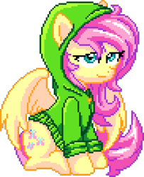 Size: 910x1120 | Tagged: safe, artist:epicvon, artist:godoffury, fluttershy, pegasus, pony, g4, clothes, female, hoodie, manepxls, mare, pixel art, pxls.space, simple background, solo, spread wings, transparent background, wings