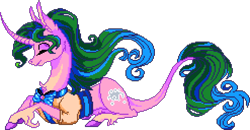 Size: 988x512 | Tagged: safe, artist:epicvon, artist:marbola, mistmane, classical unicorn, pony, unicorn, g4, clothes, cloven hooves, curved horn, eyes closed, female, horn, leonine tail, lying down, manepxls, mare, pixel art, prone, pxls.space, shirt, simple background, smiling, solo, tail, transparent background, unshorn fetlocks