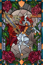 Size: 2403x3600 | Tagged: safe, artist:skuttz, oc, oc:mercy, pony, unicorn, armor, cape, clothes, flower, horn, rose, solo, stained glass, sword, weapon