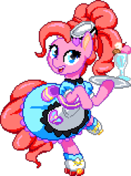 Size: 944x1272 | Tagged: safe, artist:dstears, artist:epicvon, pinkie pie, earth pony, pony, coinky-dink world, equestria girls, g4, my little pony equestria girls: summertime shorts, bow, clothes, cute, dress, equestria girls ponified, female, food, hair bow, hat, ice cream, looking at you, manepxls, mare, open mouth, pixel art, ponified, pxls.space, roller skates, server pinkie pie, simple background, skates, skating, smiling, solo, transparent background, waitress