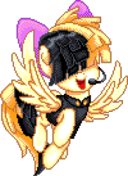 Size: 1000x1370 | Tagged: safe, artist:dasheroni, songbird serenade, pegasus, pony, g4, my little pony: the movie, bow, female, flying, hair bow, hair over eyes, headworn microphone, manepxls, mare, microphone, open mouth, pixel art, pxls.space, sia (singer), simple background, solo, spread wings, transparent background, wings