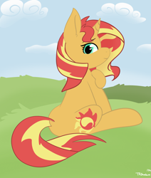 Size: 2424x2864 | Tagged: safe, artist:tkshoelace, sunset shimmer, pony, unicorn, g4, cloud, grass, hill, horn, looking over shoulder, sitting, solo