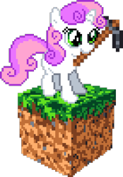 Size: 1035x1485 | Tagged: safe, artist:epicvon, sweetie belle, pony, unicorn, g4, female, filly, foal, horn, manepxls, minecraft, pickaxe, pixel art, pxls.space, simple background, solo, transparent background