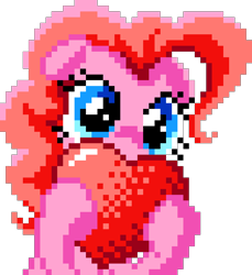 Size: 880x960 | Tagged: safe, artist:lukaat, artist:oshitsukiryuu, pinkie pie, earth pony, pony, g4, cute, female, floppy ears, heart, holding, manepxls, mare, pixel art, pxls.space, simple background, solo, transparent background