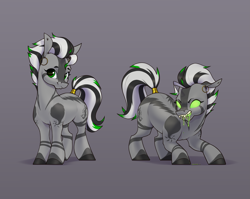Size: 3775x3000 | Tagged: safe, artist:aquaticvibes, oc, oc only, oc:helix, monster pony, pony, zebra, ear piercing, earring, glowing, glowing eyes, gradient background, jewelry, piercing, ring, solo, tail, tail ring