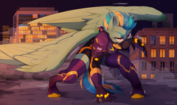 Size: 4241x2507 | Tagged: safe, artist:hakkids2, oc, oc:vindi, pegasus, anthro, unguligrade anthro, armor, boots, clothes, gas mask, mask, rooftop, shadowbolts, shoes, solo, spread wings, superhero landing, thigh boots, wings
