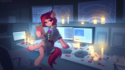 Size: 3840x2160 | Tagged: safe, artist:strafe blitz, oc, oc only, oc:claret, earth pony, pony, candle, candlelight, clipboard, clothed ponies, computer mouse, concave belly, female, hoof hold, mare, monitor, ponies sitting like humans, solo, unshorn fetlocks