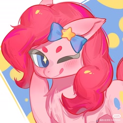 Size: 2108x2108 | Tagged: safe, artist:隔缠, pinkie pie, earth pony, pony, g4, abstract background, bow, female, hoof on cheek, looking at you, mare, one eye closed, simple background, solo, starry eyes, tongue out, white background, wingding eyes, wink