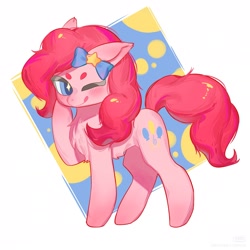 Size: 2560x2560 | Tagged: safe, artist:隔缠, pinkie pie, earth pony, pony, g4, abstract background, bow, female, hoof on cheek, looking at you, mare, one eye closed, simple background, solo, starry eyes, tongue out, white background, wingding eyes, wink
