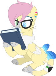 Size: 938x1281 | Tagged: safe, artist:pure-blue-heart, oc, oc only, oc:banana smoothie, cat, cat pony, original species, pegasus, blank flank, book, cat paws, cat tail, ear piercing, earring, female, fluffy, glasses, heterochromia, jewelry, mare, mare oc, paws, pegasus oc, piercing, pride, pridesona, simple background, sitting, tail, transparent background, watermark