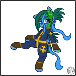 Size: 2000x2000 | Tagged: safe, artist:dice-warwick, oc, oc only, oc:tapper tablature, original species, pony, fallout equestria, fallout equestria: dance of the orthrus, beauty mark, clothes, ear piercing, eyebrow piercing, eyebrows, fanfic art, female, jumpsuit, mare, mirage pony, piercing, simple background, solo, spots, transparent background, vault suit