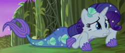 Size: 1827x781 | Tagged: safe, screencap, rarity, mermaid, merpony, pony, unicorn, g4, scare master, season 5, clothes, costume, cropped, fish tail, gritted teeth, horn, lying down, mermaid tail, mermarity, nightmare night costume, prone, seashell, solo, tail, teeth