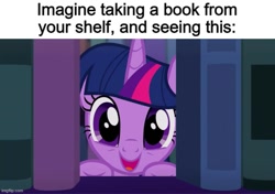 Size: 711x500 | Tagged: safe, edit, edited screencap, screencap, twilight sparkle, alicorn, pony, amending fences, g4, bookhorse, bookshelf, bronybait, caption, cute, happy, horn, image macro, imgflip, looking at you, open mouth, open smile, smiling, smiling at you, solo, text, twiabetes, twilight sparkle (alicorn)
