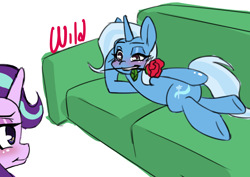 Size: 1052x744 | Tagged: safe, artist:chiefywiffy, starlight glimmer, trixie, pony, unicorn, g4, road to friendship, couch, draw me like one of your french girls, female, flower, horn, lesbian, lying down, mare, mouth hold, prone, scene interpretation, simple background, white background