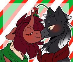 Size: 1097x922 | Tagged: safe, artist:diethtwoo, oc, oc only, oc:flechette, oc:zephyrus (dr zephy), changeling, griffon, moth, mothling, original species, christmas changeling, duo, kissing, red changeling