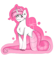 Size: 1500x1600 | Tagged: safe, artist:nezrinxo, oc, oc only, oc:sweet irony, lamia, original species, unicorn, chest fluff, curved horn, female, gradient background, horn, mare, partial background, simple background, smiling, solo, transparent background