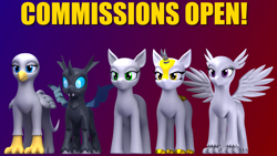 Size: 1920x1080 | Tagged: safe, artist:argos90, changeling, griffon, hippogriff, kirin, pony, 3d, 3d model, commission, gradient background, your character here