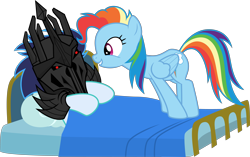 Size: 6614x4157 | Tagged: safe, artist:sollace, derpibooru exclusive, rainbow dash, soarin', pegasus, pony, g4, newbie dash, alternate hairstyle, bed, cute, duo, dynamic dash, female, mane swap, mare, pun, sauron, side view, simple background, smiling, transparent background, vector, visual pun