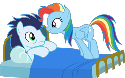 Size: 6614x4157 | Tagged: safe, artist:sollace, derpibooru exclusive, rainbow dash, soarin', pegasus, pony, g4, newbie dash, alternate hairstyle, bed, cute, duo, dynamic dash, female, mane swap, mare, pun, sauron, side view, simple background, smiling, transparent background, vector