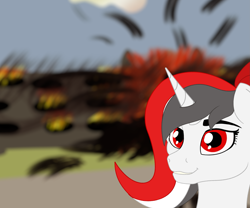 Size: 2195x1825 | Tagged: safe, artist:kujivunia, oc, oc only, oc:red rocket, unicorn, colored, destruction, explosion, fire, flat colors, horn, meme, red eyes, smiling, solo, three quarter view