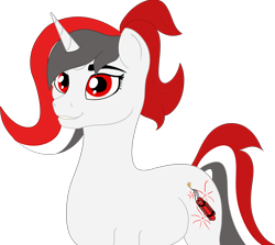 Size: 2425x2160 | Tagged: safe, artist:kujivunia, oc, oc only, oc:red rocket, unicorn, colored, flat colors, horn, red eyes, simple background, smiling, solo, three quarter view, transparent background