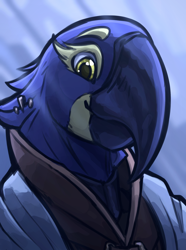 Size: 1560x2100 | Tagged: safe, artist:stardustspix, oc, oc only, oc:alipha devellei conorus, avian, bird, hyacinth macaw, macaw, parrot, equestria at war mod, bust, clothes, piercing, portrait, solo