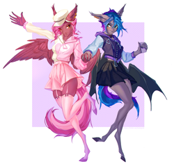 Size: 2553x2444 | Tagged: safe, artist:ls0tapok, oc, oc only, oc:lyssa, oc:zeny, bat pony, pegasus, anthro, plantigrade anthro, abstract background, bat pony oc, bat wings, cap, choker, clothes, duo, duo female, ear fluff, ear piercing, face paint, fangs, female, garter belt, garters, hat, holding hands, hoodie, jacket, jewelry, mare, phone, piercing, pin, pleated skirt, pose, siblings, sisters, skirt, socks, standing, stockings, symbol, thigh highs, varsity jacket, wings