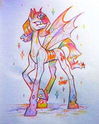 Size: 1975x2476 | Tagged: safe, artist:jehr, rarity, changeling, unicorn, g4, changeling wings, changelingified, colored pencil drawing, concave belly, holes, horn, long legs, long neck, long pony, paper, pencil drawing, rainbow, rariling, slender, solo, sparkles, species swap, tall, thin, traditional art, wings